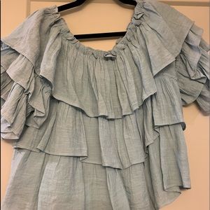 blue ruffled off the shoulder top